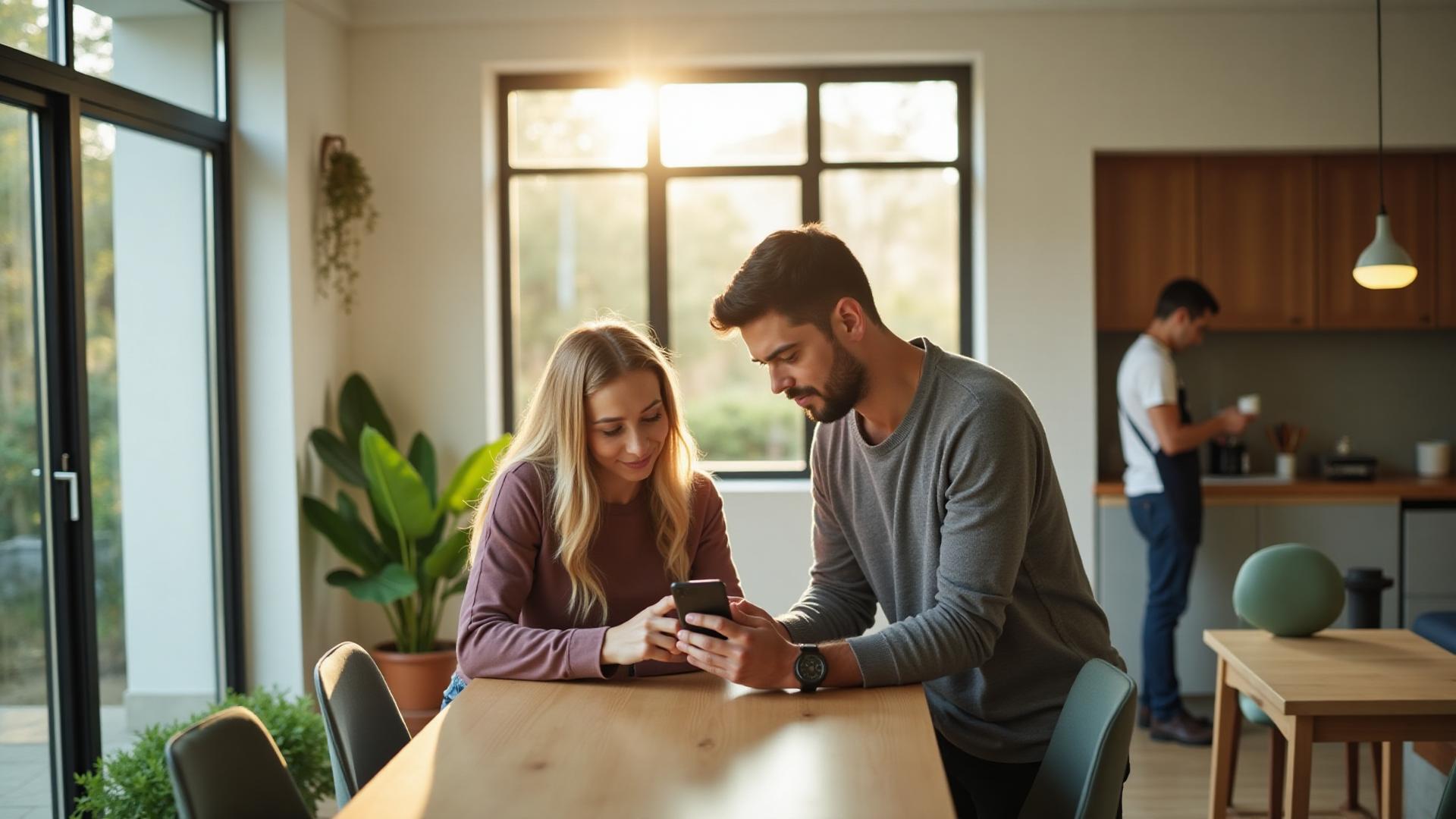 Pareja joven revisando teléfono con profesional trabajando en casa moderna chilena
